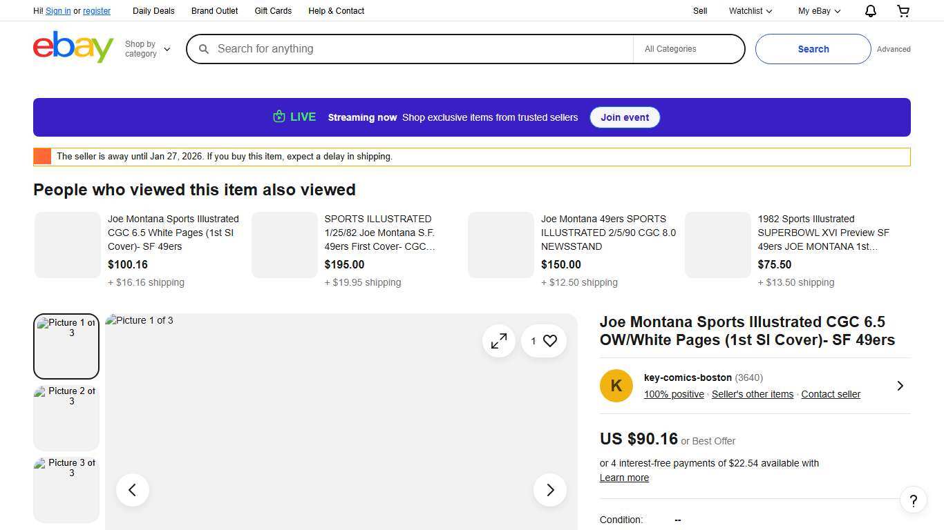 Joe Montana Sports Illustrated CGC 6.5 OW/White Pages (1st SI Cover)- SF 49ers eBay