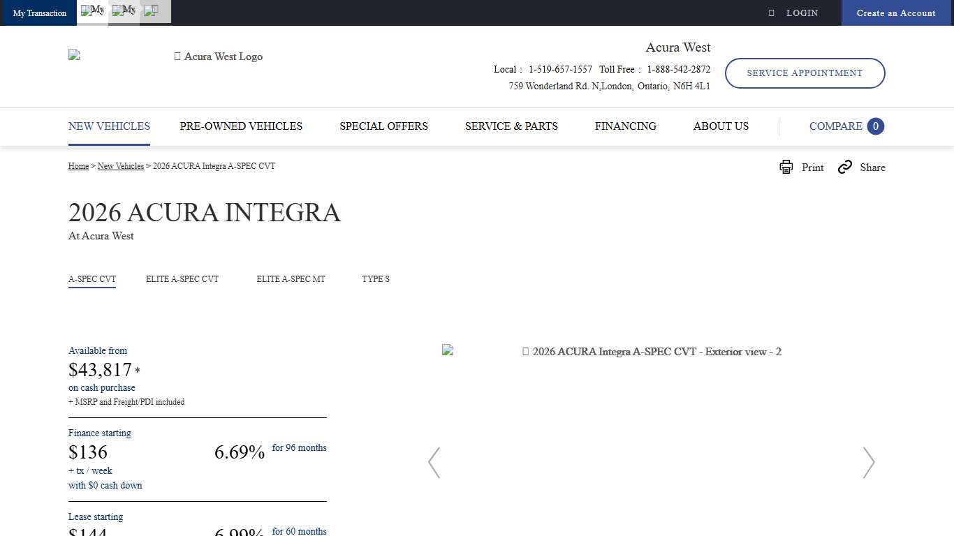 The 2026 Acura Integra A-SPEC CVT Acura West in London